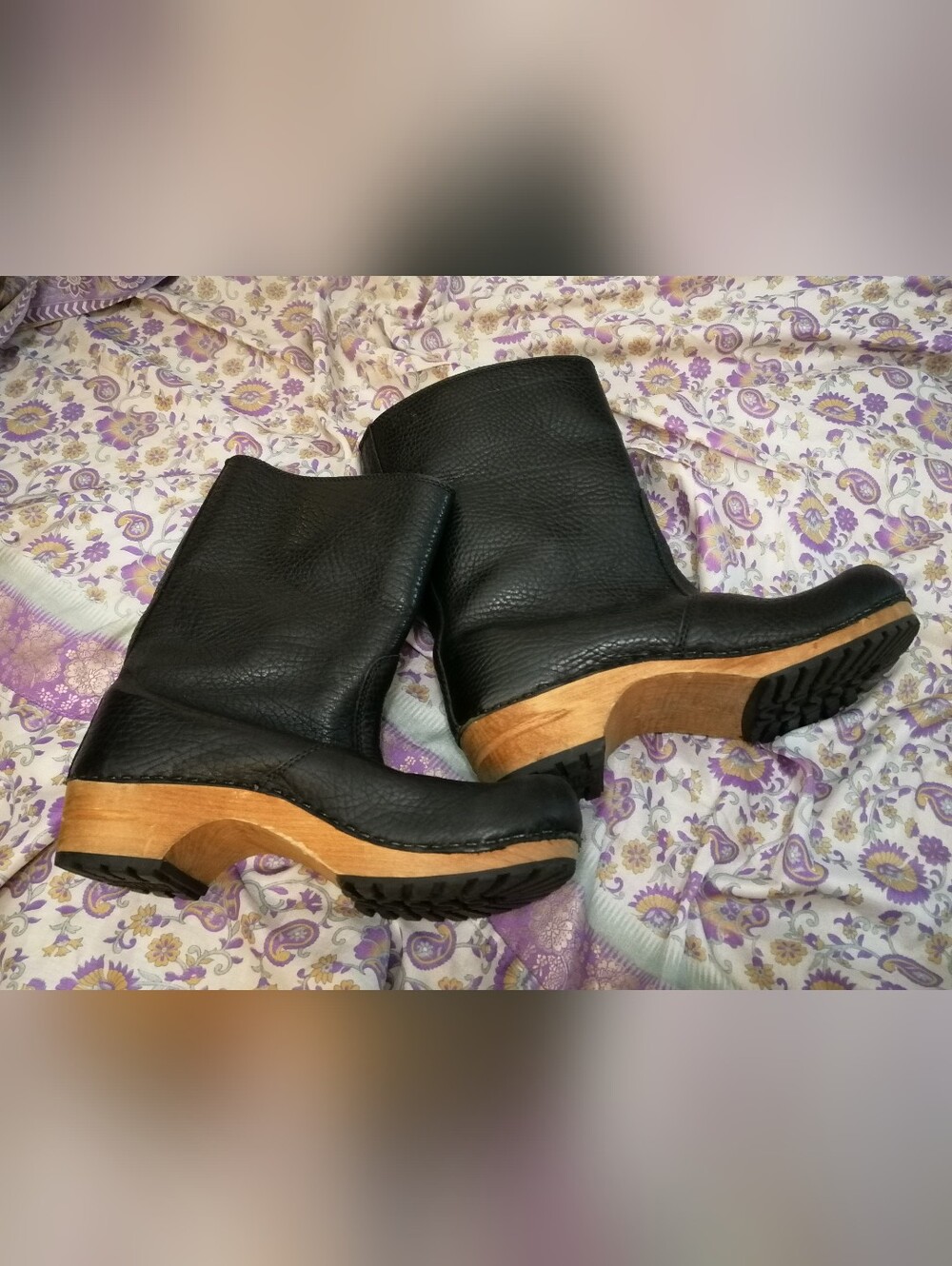 Sanita Black Pebbled Leather Clog Boots with wooden heels